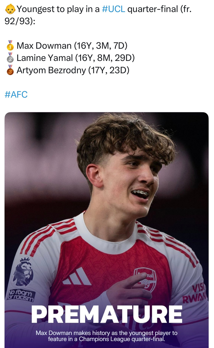 阿森纳道曼成欧冠改制后最年轻八强出场球员|拉米内·亚马尔|afc|队员_新浪体育_新浪新闻